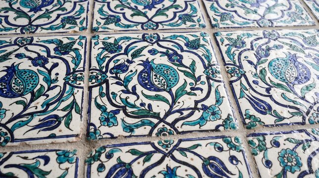 Generated with AI. Array of traditional ceramic tiles featuring blue and teal floral and pomegranate ornament patterns.