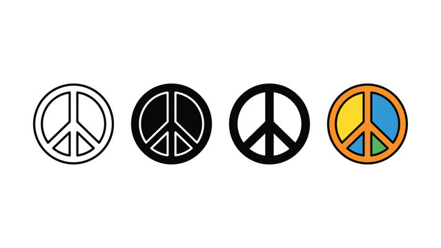 Set of four different style peace symbol icons featuring line art and flat colorful vector design elements