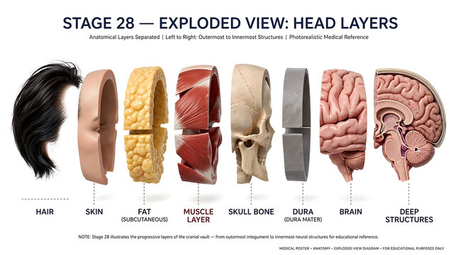 Image showing the layering of the head's anatomy (Stage 28 &mdash; Exploded View: Head Layers).