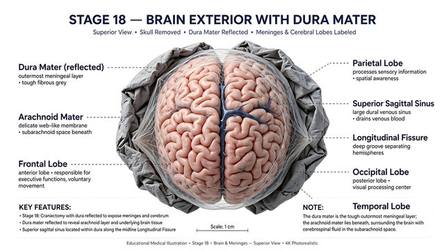 A superior view of the brain during craniectomy with the dura mater exposed, showing the arachnoid mater and the superior sagittal sinus in the longitudinal fissure.