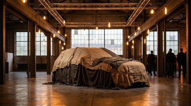 Unveiling event inside an industrial building a car covered by cloths awaits presentation