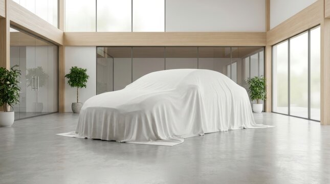 A white fabric draped over a car hinting at a new vehicle reveal in a modern showroom