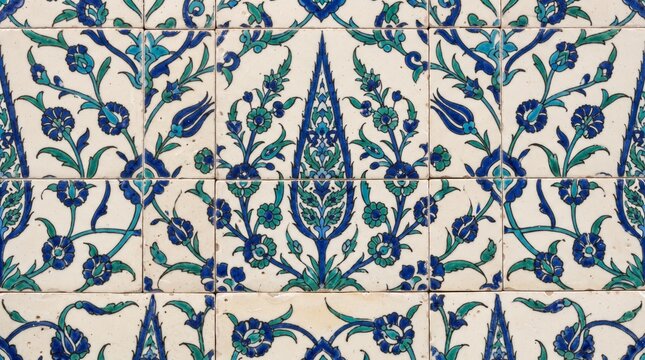 Tekstur ubin keramik hias motif floral tradisional nuansa biru dan hijau dengan pola simetris