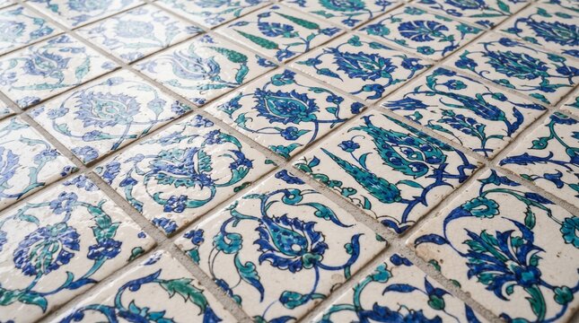 Tampilan sudut miring susunan ubin keramik bermotif bunga biru dengan pencahayaan lembut