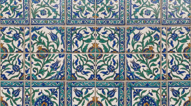 Susunan ubin keramik persegi motif flora klasik dengan bingkai border biru yang rapi