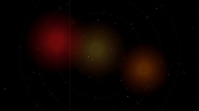 Futuristic digital radar interface scanning dark space with glowing orbital rings and faint red and orange light particles floating in a deep black cosmic void for technology simulation visuals