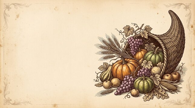 Vintage Thanksgiving cornucopia illustration with harvest fruits, pumpkins, and wheat on old paper background