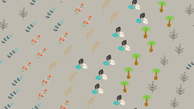 Seamless pattern of stylized plants, flowers, and palm trees