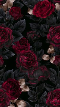 Dark crimson roses and black foliage with gold leaves pattern