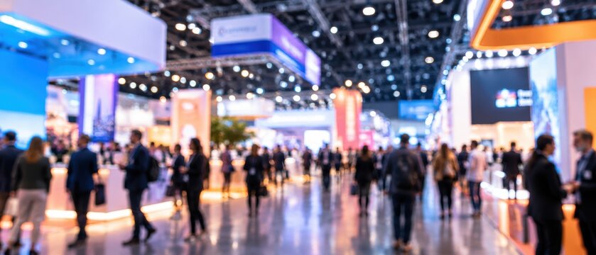 blurred crowd walking through modern exhibition hall with trade show booths, screens and bright lights