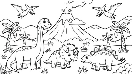 Cute cartoon dinosaurs living in a prehistoric prehistoric landscape with a smoking volcano for children coloring page illustration © rayhanbd.net