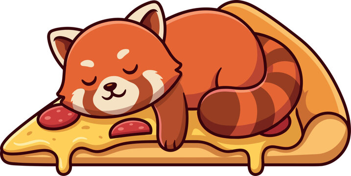 Cute cartoon red panda sleeping on a slice of pepperoni pizza vector illustration for funny animal sticker designs
