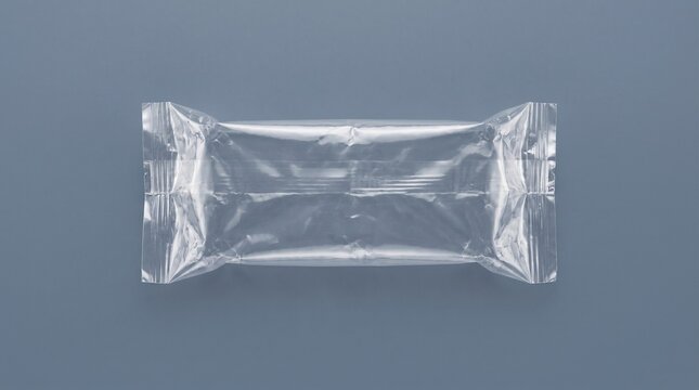 Empty transparent plastic food wrapper packaging mockup on gray background