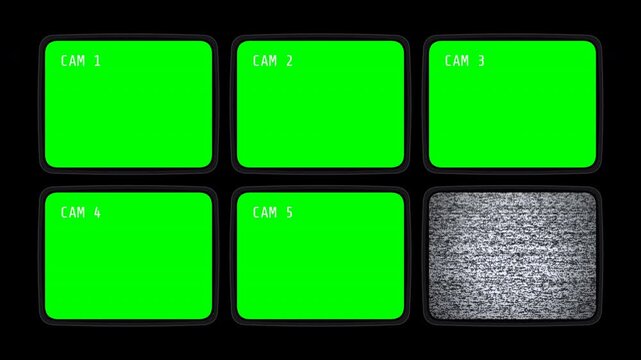 Old CRT Monitors with Green Screens Labeled CAM 1 to 5 and TV Static Security Camera Wall Loop 4K