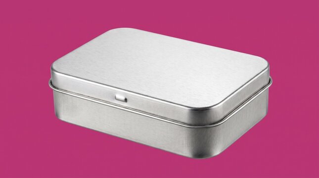 Blank closed metal tin box packaging container mockup isolated on pink background