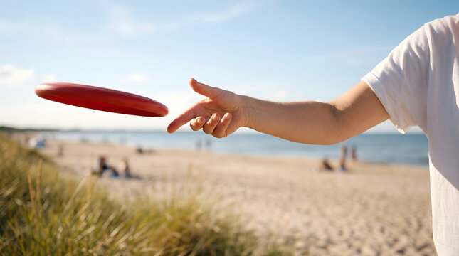 Close up of a young woman's hand releasing a red flying disc at the end of a backhand throw on a sunny beach with the sea softly blurred behind.