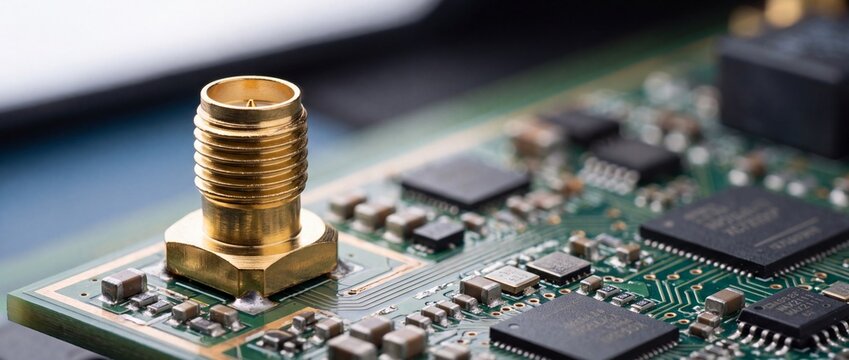 Golden sma connector mounted on green circuit board processes high frequency microwave signals fast.