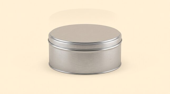 Empty round silver metal tin container with closed lid for product packaging and branding mockup isolated on neutral background