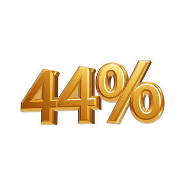 Shiny golden 44 percent discount number symbol rendered in 3D perspective view for promotion events forty four percent isolated on a transparent background