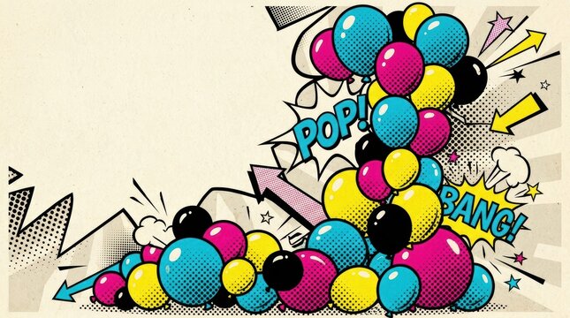 A vibrant cascade of CMYK colored balloons with comic book style text and graphics