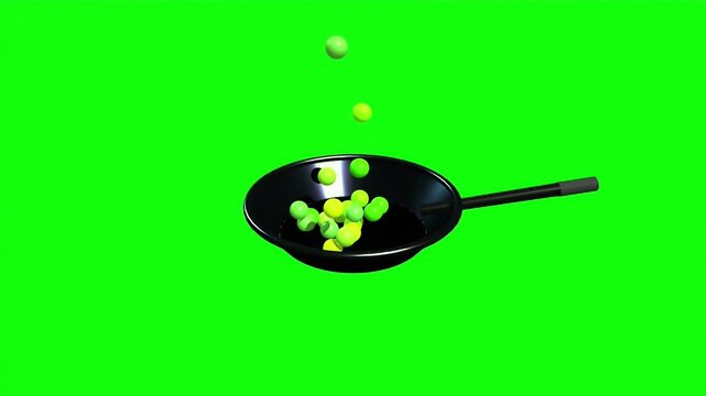 Colorful pills tossing in a frying pan on a green screen background