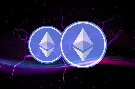 Image of ethereum-eth virtual currency on digital background. 3D drawings.