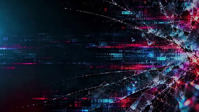 破砕エフェクトと画面の乱れを表現したサイバー映像素材