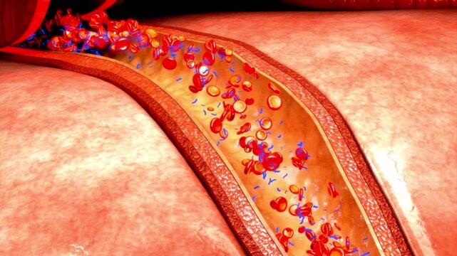 Blood flowing through artery with red blood cells and platelets inside human blood vessel 3D medical animation