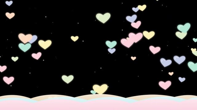 pastel heart shapes floating above decorative border on black background for romantic celebration