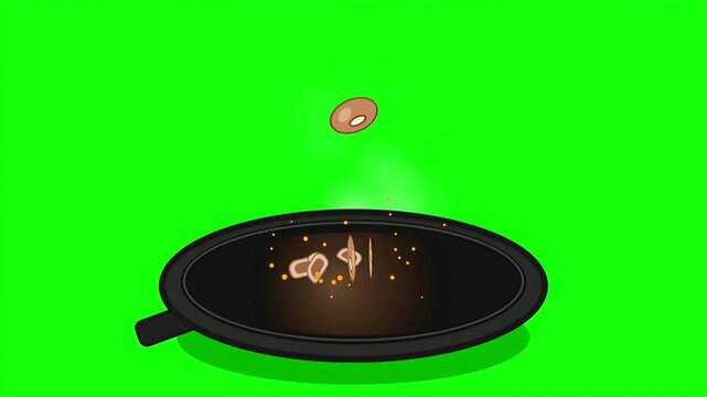 Animated pan frying onion rings on green screen background
