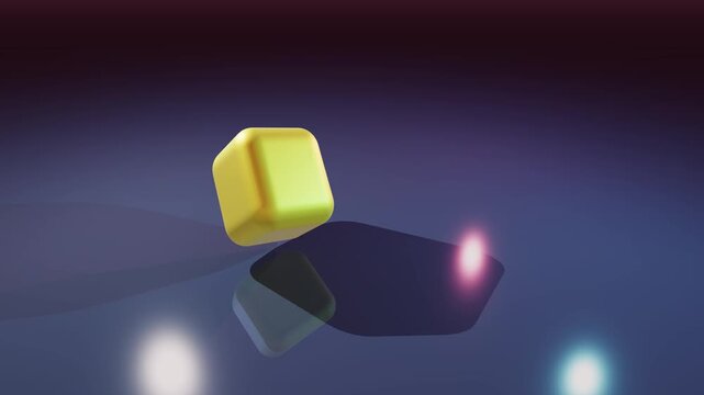 Yellow cube bouncing in slow motion on a reflective surface