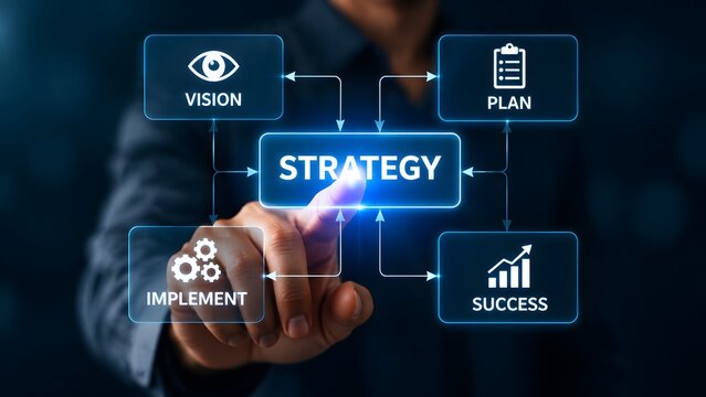 A business leader touches a digital strategy blueprint interface with glowing icons for vision, planning, implementation, and success to manage corporate growth objectives.
