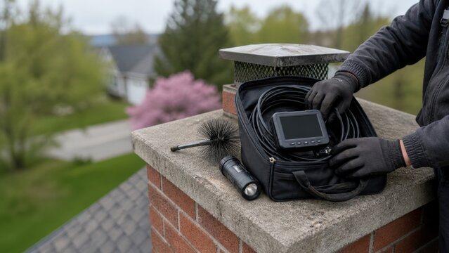 Chimney Inspection Service - Packing the cleaned assessment tools for suburban brick home exterior