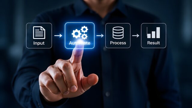 A business person interacting with a digital automation workflow interface, highlighting input, process, and result stages for efficient industrial technology operations.