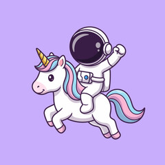 Fototapeta premium Cute astronaut riding a running unicorn vector illustration. Spaceman and mythical horse fantasy adventure icon in flat cartoon style isolated on background.