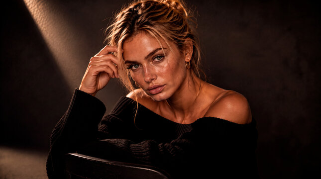 Elegant blonde woman in dramatic warm studio lighting, wearing a black off-shoulder sweater and looking directly at camera. Luxury fashion portrait with natural skin texture, sophisticated styling, ci