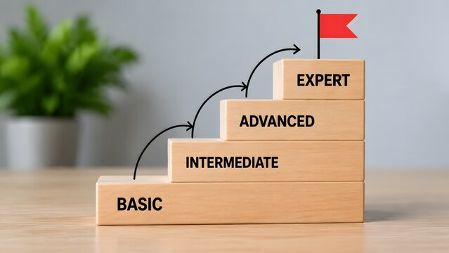 A set of wooden blocks arranged as a staircase with labels from basic to expert, featuring a red flag at the top to symbolize career progression and skill development.