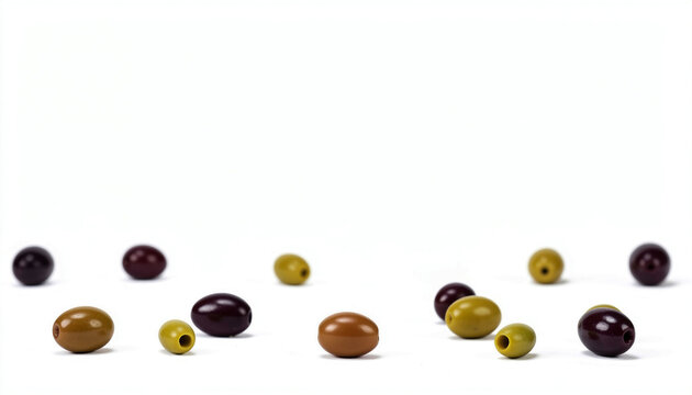 Green and black olives scattered on a white background