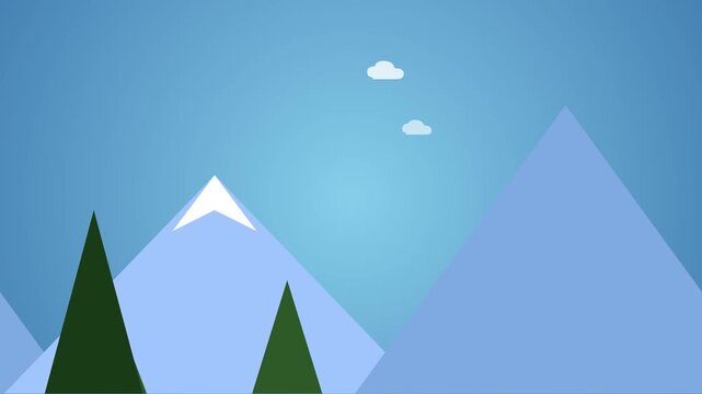 Pine trees stand before stylized mountains under a blue sky