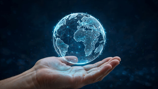 translucent glowing globe with digital network lines held in an open palm against deep blue futuristic background