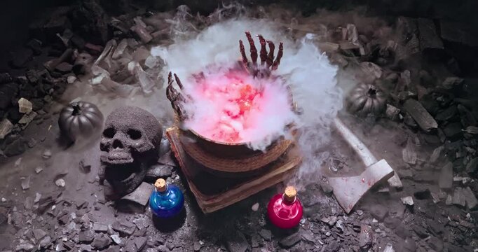 Witchcraft scene featuring bubbling cauldron, poisons, and skull.