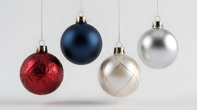 Four colored Christmas ornaments hanging from strings for holiday celebration.