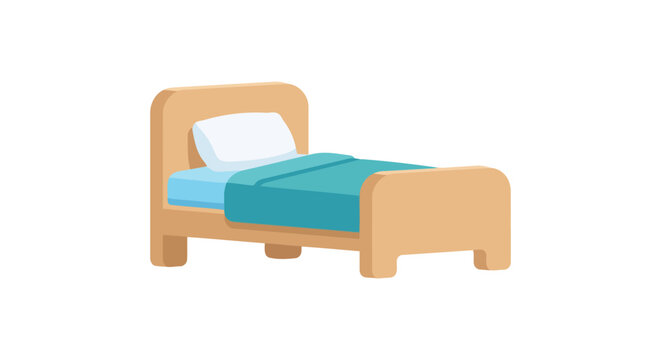 Simple bed with blue bedding is displayed on a white background