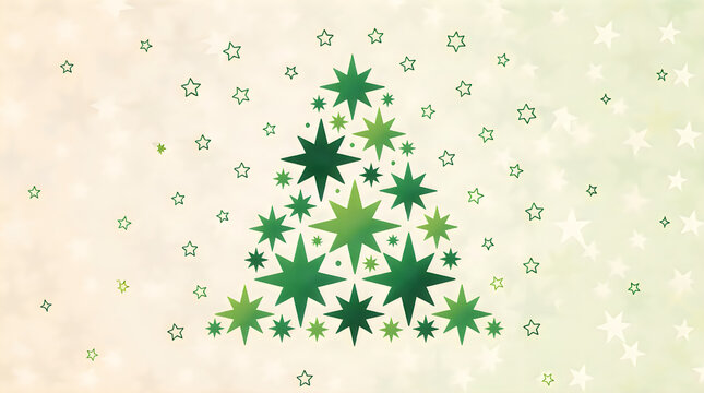Green stylized star shapes forming christmas tree on vintage cream backdrop.