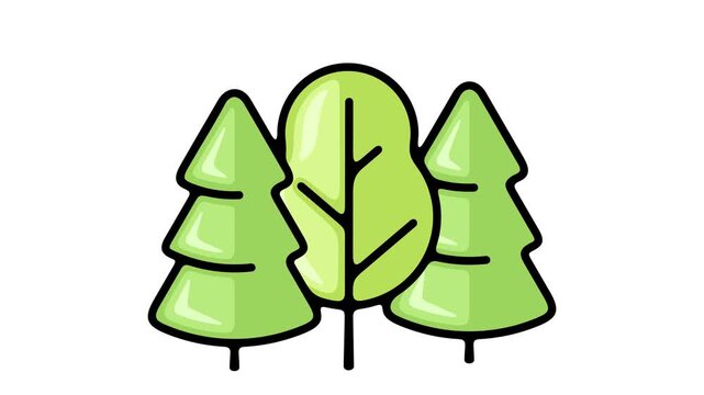 2D pop up animation of stylized flat tree appearing quickly. Separate deciduous or coniferous forest element on alpha channel for motion design.