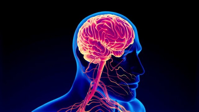 Human brain glowing inside transparent head silhouette with nervous system on dark background 3D animation