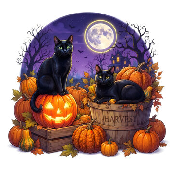 Halloween black cats sitting on pumpkins under glowing full moon illustration.