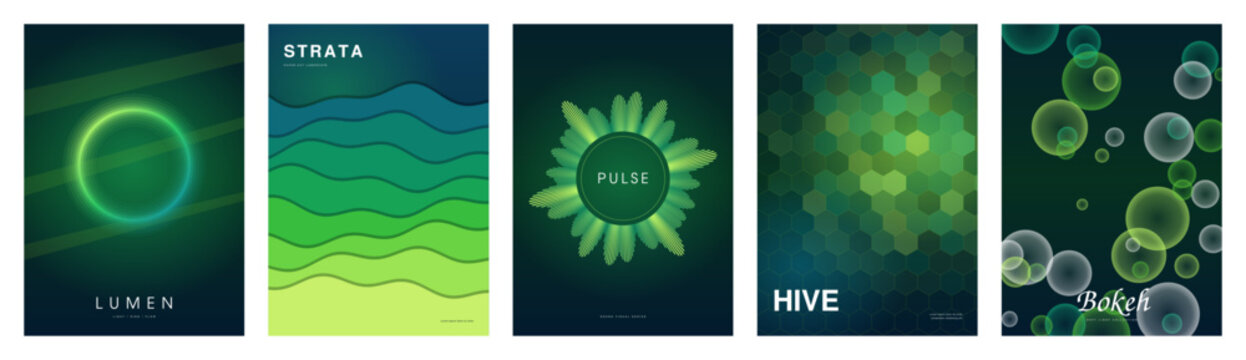 Green abstract cover templates set. Vector vertical poster and brochure layouts with glowing neon lumen ring, wavy strata lines, pulse floral emblem, hexagonal hive grid and bokeh bubbles