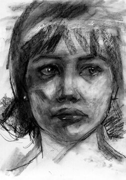 Ritratto drammatico e intenso a carboncino di giovane donna dallo sguardo profondo, schizzo artistico espressivo con forti contrasti di chiaroscuro e sfumature marcate, disegno in bianco e nero 