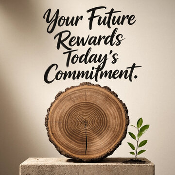 Inspirational quote your future rewards todays commitment with a wooden cross section and a sprout
